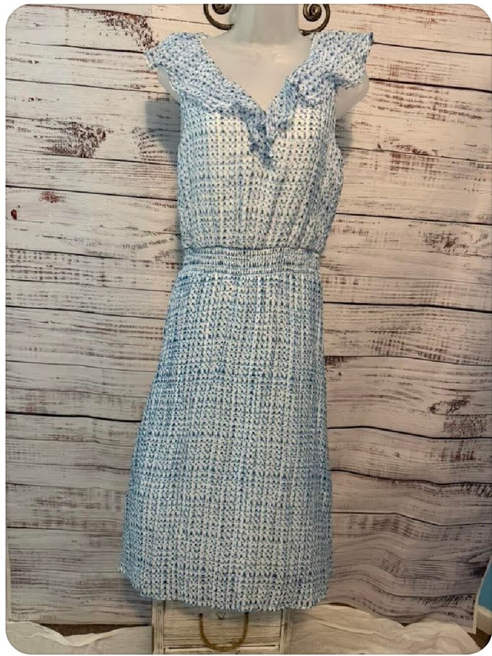 Vince Camuto Light Blue Patterned Ruffle Midi Dress